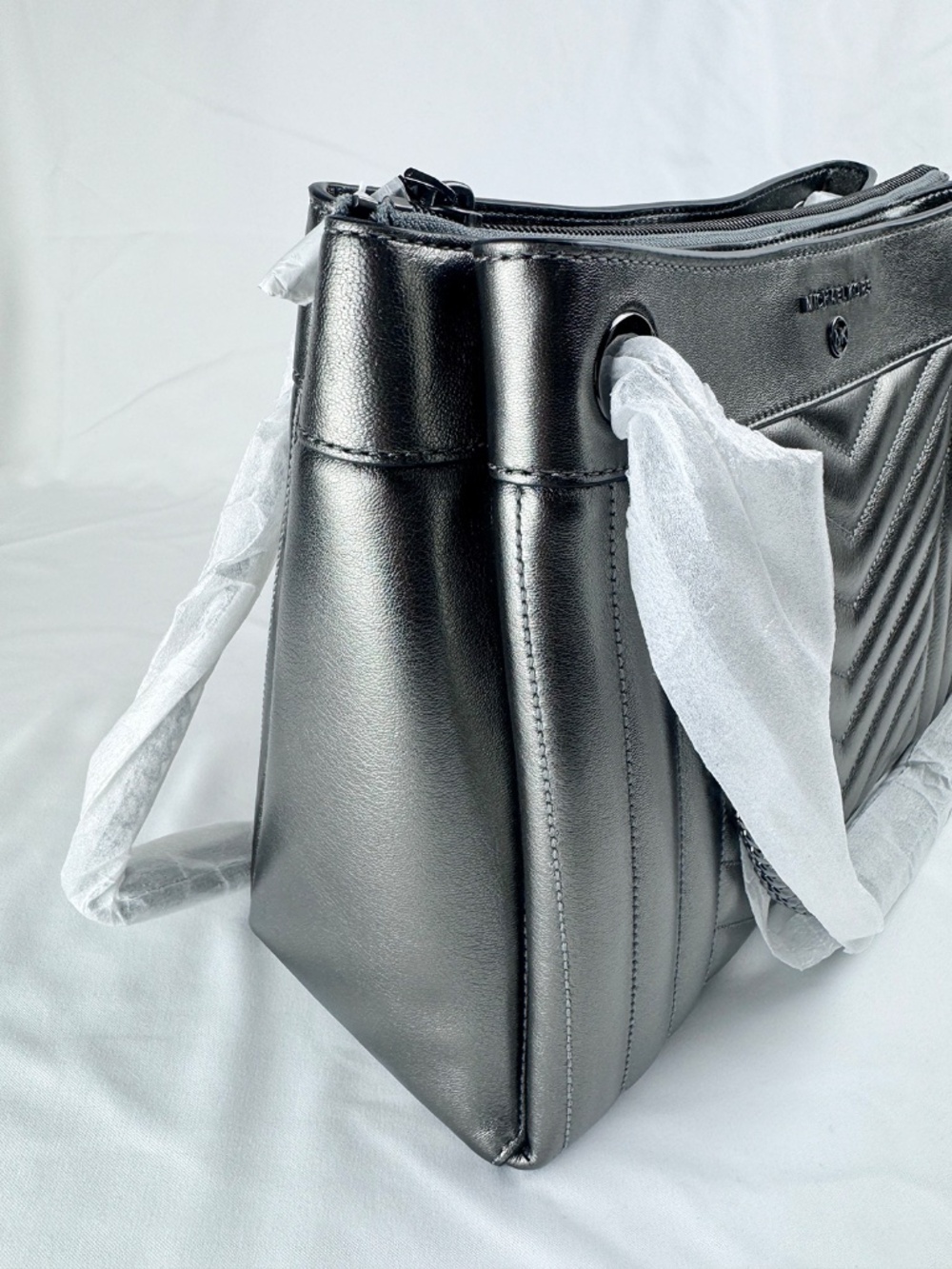 NWT Michael Kors Susan Anthracite/Gunmetal Leather Shoulder Bag w/ Chain Strap - Picture 5 of 12